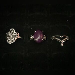New x3 Silver Tone Rings Synthetic Amethyst Purple Gem Cross Boho Set Size 5/6